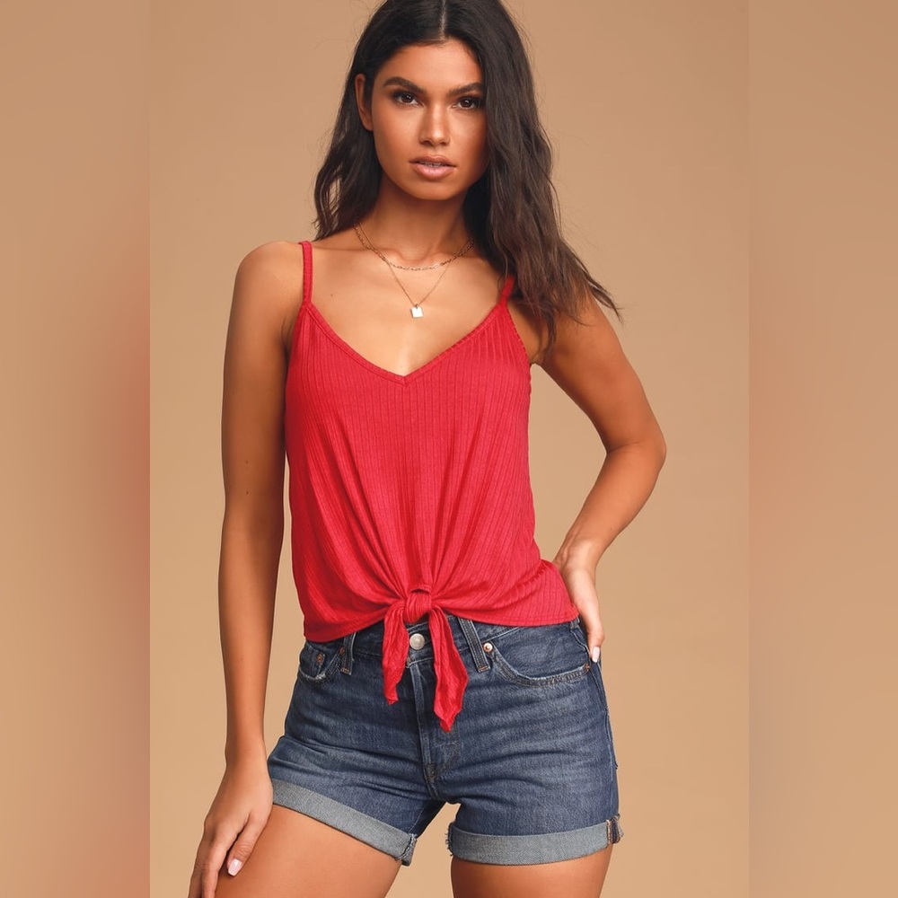 Size Small Feeling Myself Red Tie-Front Cropped Tank Top